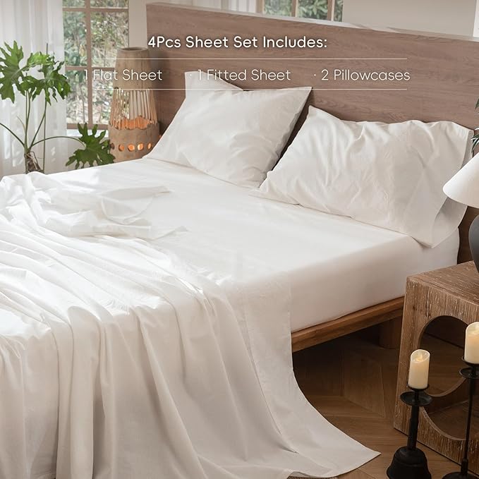 MooMee Bedding Sheet Set 100% Washed Cotton Linen Like Textured Breathable Durable Soft Comfy (Solid Off White, Full)