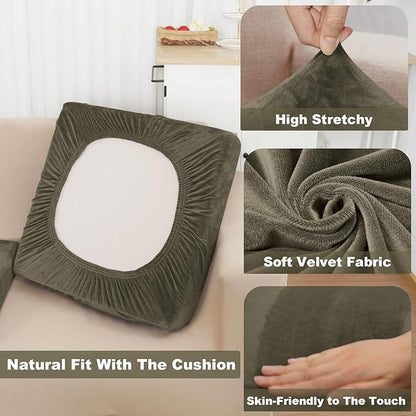 NAISI Couch Cushion Covers 1 Piece Velvet Stretch Sofa Seat Covers or Backrest Covers Soft Individual Couch Covers for Sectional Sofa(1 PC for Seat Cushion or Backrest,Olive Green)