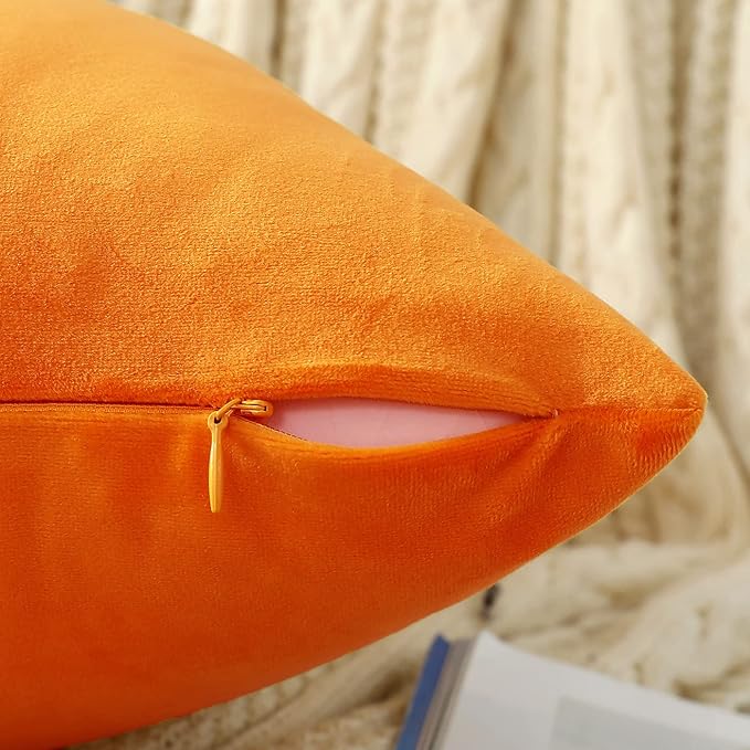 Jeneoo Comfy Soft Thick Fall Velvet Throw Pillow Covers for Sofa Couch, Decorative Solid Square Cushion Cases for Bedroom Car (Orange Yellow, 18 x 18 Inches, 2 Pieces)
