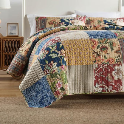 Cotton Bedspread Quilt Sets Reversible Bedding Coverlet Sets 3 Pieces Gorgeous Rustic Vintage Floral Red Yellow Patchwork Bedspread, King Size