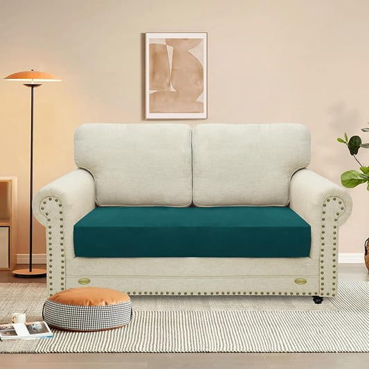 MAXIJIN Velvet Stretch Couch Cushion Covers Soft Loveseat Cushion Cover Replacement Sofa Seat Cushion Slipcovers RV Protector with Elastic Bottom (1 Piece Loveseat Cushion Cover, Blackish Green)