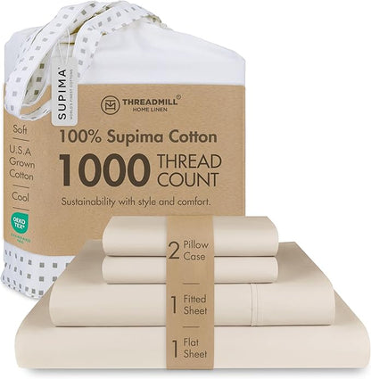 Threadmill Supima Cotton Sheets, 1000 Thread Count Soft 100% Cotton Sheets for Cal King Size Bed, 4 Pc Beige Cal King Bed Sheet Set, 5-Star Hotel Quality, Elasticized Deep Pocket Cal King Sheet