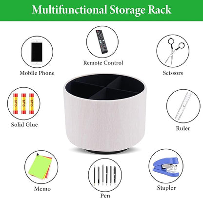 Round Leather Art Supply Organizer,Remote Control Holder,360 Degree Spinning,Multi-Functional Pencil Holder,4 Compartments Desktop Stationary Organizer(1-Thin Wood White)