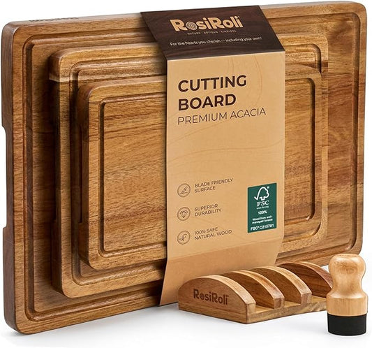 Acacia Wood Cutting Board for Kitchen, Set of 3 - Durable 1" Thick Chopping Boards with Juice Grooves & Handles for Prep & Serving, Impressive Gift for Housewarming, Christmas, and Home Chefs