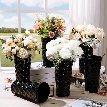 6 Pcs Black Metal Flower Vases 9 Inch Galvanized Flower Bucket Spring Farmhouse French Bucket with Handles, Floral Vases for Centerpiece Bar Wedding Bouquet Table Decoration Supplies