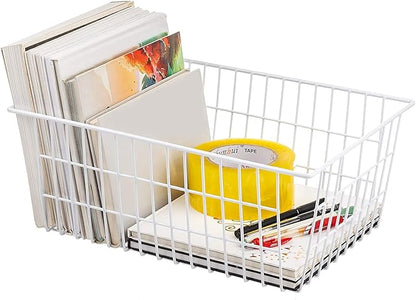 Redrubbit Wire Storage Baskets, Large Farmhouse Metal Freezer Basket Storage Organizer Bins with Handles for Kitchen Cabinets, Pantry, Closets, Bedrooms, Bathrooms, Set of 6, White