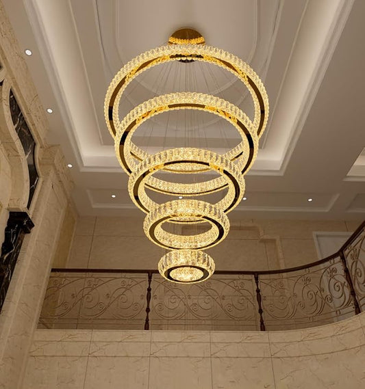 Modern Chandelier 8"+16"+24"+32"+40" 5 Rings Crystal LED Dimmable Lighting Foyer Entryway High Ceiling Living Room Chanderliers Pendant Lights Fixtures Gold Light