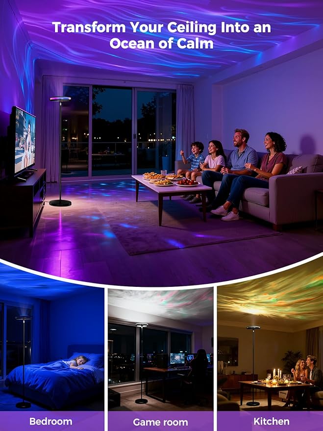 Smart Floor Lamp for Living Room, RGB+WW Ripple Projector, LED Corner Floor Light, Dimmable Tall Standing Lamp with App Control, Color Changing Mood Light & Eye-Care Reading Lamp for Bedroom