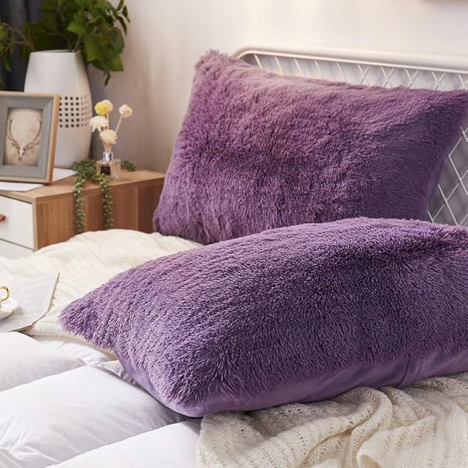 Uhamho Set of 2 Standard Pillowcases Faux Fur Throw Pillow Covers Queen Size Shams Soft Velvet Decorative Zipper Closure (Purple, 20"x26")
