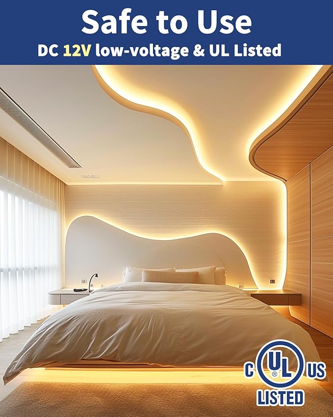 GOOVER COB LED Strip Lights 16.4ft, 3000K Warm White DC 12V Dimmable Tape Light, Ra 95+,150+LM/FT, 98 LEDs/ft, 2.2W/ft, 1600 LEDs, UL Listed for Cabinets,Bedroom(Power Supply Sold Separately)