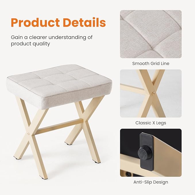 Sweetcrispy Vanity Stool Ottoman, Square Linen Makeup Stool Metal X Legs, Small Footstool Chair for Vanity, Modern Padded Seat Foot Rest for Makeup Room, Bathroom,Living Room, Entryway, Beige