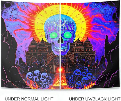 seewan Black Light Mystic Skull Tapestry, Glow-in-the-Dark UV Neon Blue Skeleton with Yellow Sun Halo Tapestry, Psychedelic Ancient Temple Wall Hanging, Bedroom Dorm Living Room Background Decor
