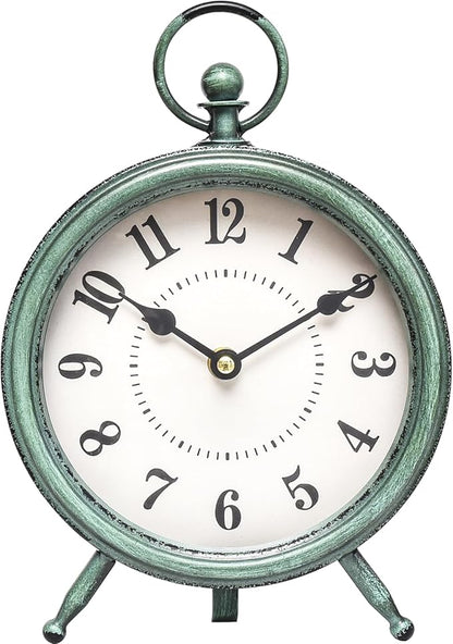 Vintage Rustic Green Table Clock on Stand, Decorative Desk and Shelf Clock，Decorative Battery Operated Table Top Clock for Living Room，Silent Non-Ticking
