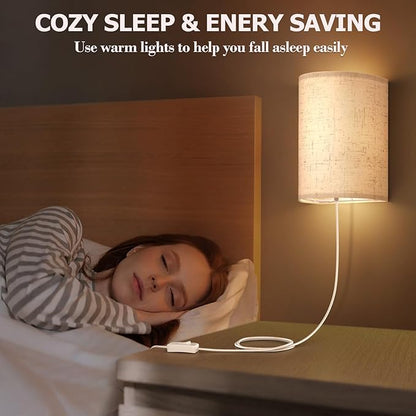 OCATO Plug in Wall Sconces Set of Two: Wall Light Wall Lamp with On/Off Switch 3000K 4500K 6000K Selectable Fixtures Fabric Linen Shade Wall Decor Wall Lights for Bedroom Living Room Hallway Indoor