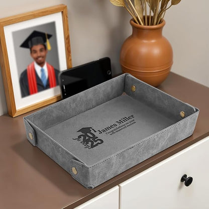 Engraved PU Leather Valet Tray – Personalized Catchall with Custom Name for Desk, Dresser, or Nightstand – Compact Organizer for Keys, Wallet, Jewelry – Graduation Gift for Him or Her – Grey