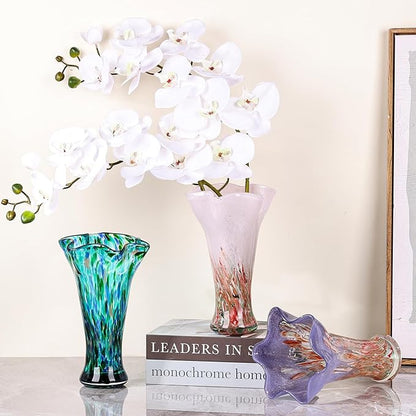 9.0" H Pink Glass Vases for Flowers, Hand Blow Glass Vase Pink Home Decor, Wide Mouth Red Flower Vase Centerpieces, for Bookshelf,Dinner Table,Indoor Office Desktop,Meeting Room,Bathroom,Countertop