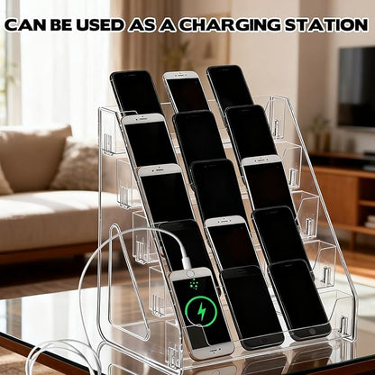 15-Grid Cell Phone Holder Desktop Organizer Clear Acrylic 5 Tier Classroom Cell Phone Storage Box Mobile Telephone Smartphone Case Organizer Table Top Drawer Tray for Office Boardroom School