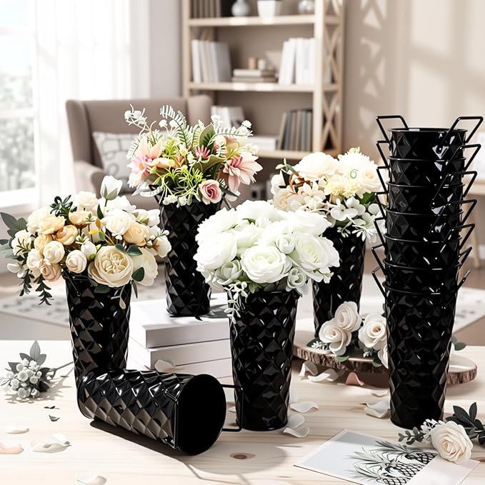 12 Pcs Black Metal Flower Vases 9 Inch Galvanized Flower Bucket Spring Farmhouse French Bucket with Handles, Floral Vases for Centerpiece Bar Wedding Bouquet Table Decoration Supplies