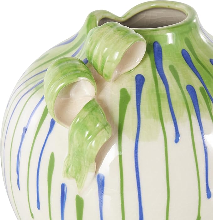 Deco 79 Ceramic Abstract Decorative Vase Centerpiece Vase with Green and Blue Drip Design and Handles, Flower Vase for Home Decoration 8" x 8" x 8", White