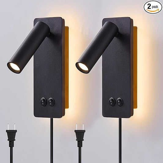 LED wall lamp and reading light two-in-one multifunctional wall sconces. LED Wall Lamp Plug in for Bedroom Bedside Wall Sconces Set of Two Black Reading Light 3W+6W Night Light 3000K(BLACK)