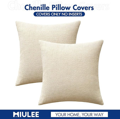 MIULEE Pack of 2 Couch Throw Pillow Covers 16x16 Inch Neutral Cream Modern Boho Accent Decorative Pillow Covers Soft Chenille Farmhouse Cushion Covers for Home Decor Bed Sofa Living Room