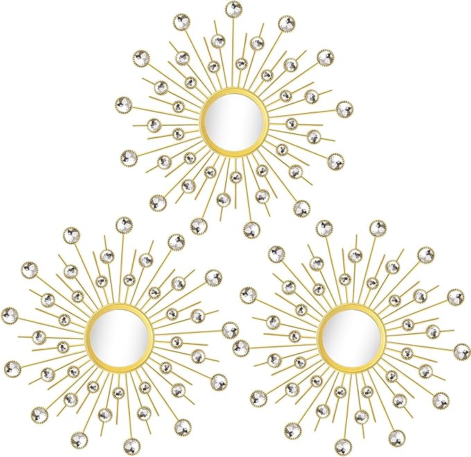 Uaussi 3 Pack Crystal Sunburst Wall Mirror Décor Rhinestone Mirrors Decorative Home Wall Art for Living Room Bedroom Entryway(Crystals Gold)