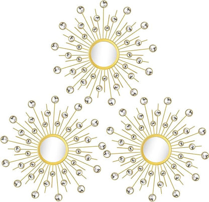 Uaussi 3 Pack Crystal Sunburst Wall Mirror Décor Rhinestone Mirrors Decorative Home Wall Art for Living Room Bedroom Entryway(Crystals Gold)