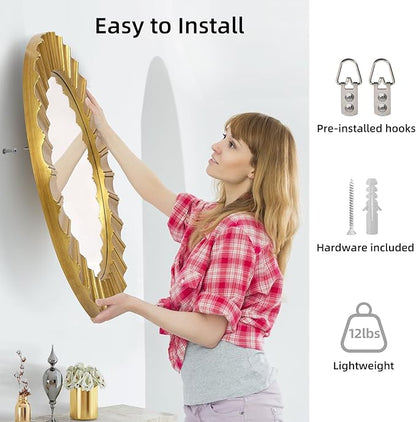 Round Gold Mirrors for Wall Decor 26 Inch, Art Deco Mirror for Bathroom With Geometric Frame, Gold Circle Mirrors Entryway Mirrors for Wall, Modern Wall Mounted Mirror for Bedroom, Living Room