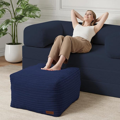 MeMoreCool Square Stuffed Pouf Ottoman Foot Rest, Stripe Furry Floor Pouf Foot Stool with Foam Chunk Filling, Soft Fluffy Stuffed Ottoman Footrest for Living Room, Corduroy Navy