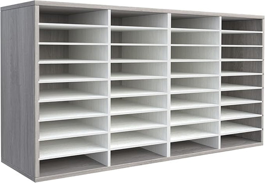 TQVAI Literature Organizer, Heavy Duty 36 Compartments Countertop Mail Organizer with Adjustable Shelves, Wooden Desk Paper Storage Organizer, Mailboxes Cubbies for Office, Classroom, Retro Grey/White