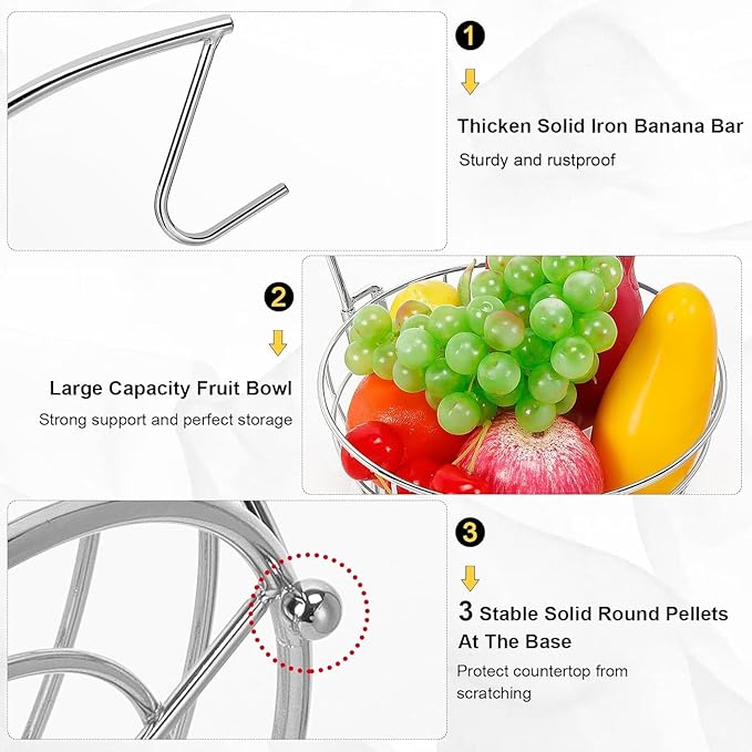 Livabber Countertop Fruit Basket Bowl with Banana Hanger, Modern Standing Fruit Vegetable Bowl Storage, with Banana Tree Holder for Kitchen Dinning Table (Round Metal, Chrome)