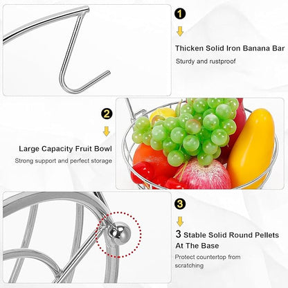 Livabber Countertop Fruit Basket Bowl with Banana Hanger, Modern Standing Fruit Vegetable Bowl Storage, with Banana Tree Holder for Kitchen Dinning Table (Round Metal, Chrome)