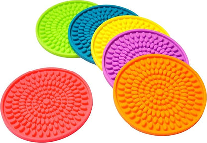 Colorful Coasters for Drinks Absorbent, Rubber Drink Coaster Set, Silicone Rainbow Coasters for Kids Coffee Table Desk, 4.3 Inch Oval Shape Deep Tray Pot Holder Trivet (Set of 6)