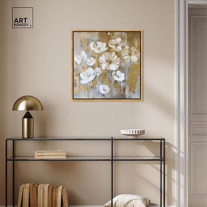 Art Remedy Golden Daisies Canvas Elegant White Gold Wall Art, Gold Frame, 24" x 24"