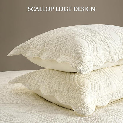 EVERGRACE 100% Cotton Scallop Quilt Set, King Size 3 Piece Set – Lightweight Bedspread with 2 Shams, Soft Prewashed Matelasse Coverlet for Cozy and Elegant Bedding, Ivory Cream