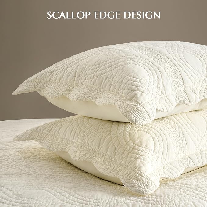 EVERGRACE 100% Cotton Scallop Quilt Set, Queen Size 3 Piece Set – Lightweight Bedspread with 2 Shams, Soft Prewashed Coverlet for Cozy and Elegant Bedding, Ivory Cream