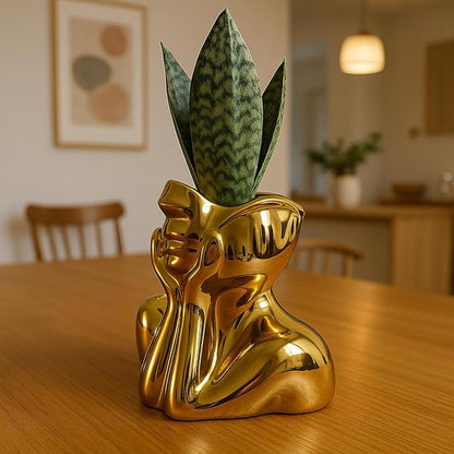Face Vase Unique Ceramic Vase for Room,Office,Home Decor,Gold,A