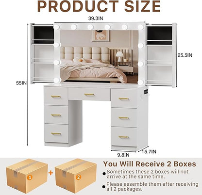 White Makeup Vanity Desk with Lighted Mirror & Power Outlet,3 Color Modes, Brightness Adjustable,Vanity Table with Drawer,Sliding 2 Storage Wall-Mounted Jewelry,4 Shelves for Bedroom
