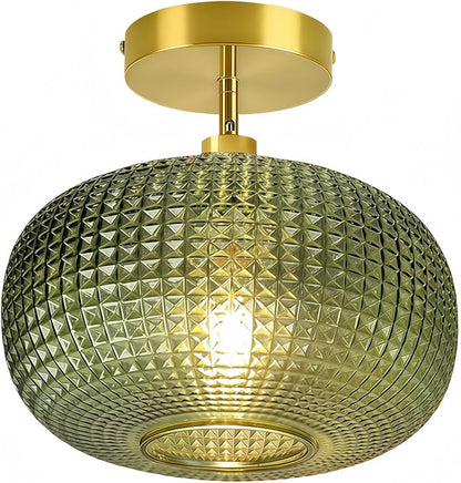 Semi Flush Mount Ceiling Light Fixture,Hallway Light Fixtures,Vintage Globe Glass Ceiling Fixture with Green Shade,Kitchen Ceiling Light Fixture,Farmhouse Ceiling Lighting for Bathroom Entryway Porch