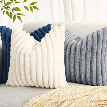 decorUhome Faux Fur Spring Throw Pillow Covers 26x26 Set of 2, Decorative Soft Plush Striped Neutral Couch Euro Sham Pillow Covers with Velvet Back for Sofa, Bed, Living Room Home, Blue
