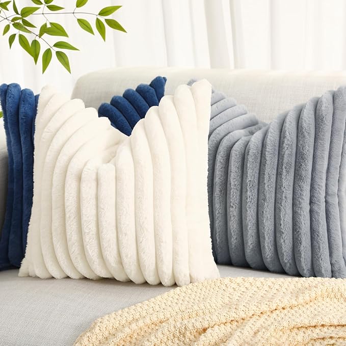 decorUhome Faux Fur Spring Throw Pillow Covers 16x16 Set of 2, Decorative Soft Plush Striped Neutral Couch Pillow Covers with Velvet Back for Sofa, Bed, Living Room Home, Blue