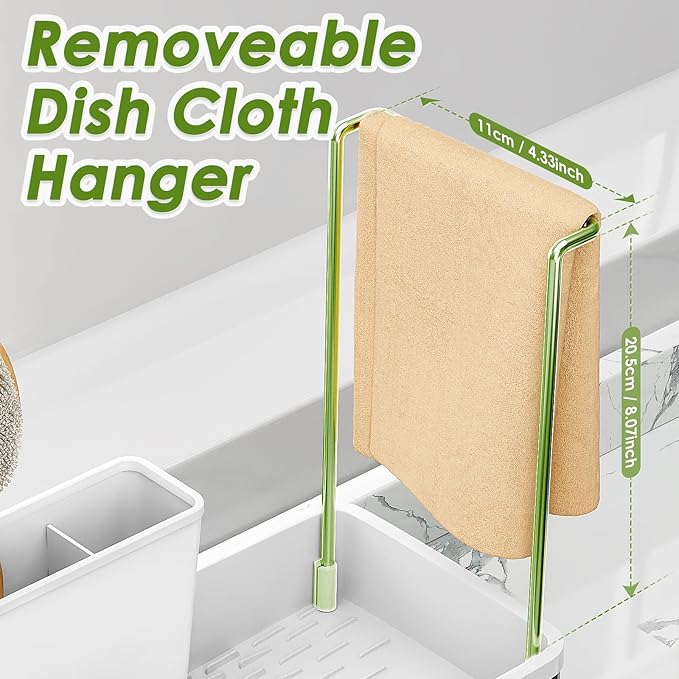 Stainless Steel Sink Caddy, Sponge Holder for Kitchen Sink with Brush Holder & Dishcloth Rack, Rustproof Organizer Countertop, Soap Dispenser Kitchen Organizers Storage Essentials, White