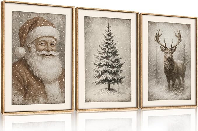 HLNIUC Large Vintage Christmas Framed Wall Art Set of 3, Santa Claus Reindeer Decor, Snowy Xmas Pine Tree Neutral Canvas Art(16x24), Farmhouse Rustic Sketch Prints for Living Room, Bedroom, Office