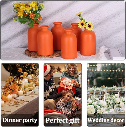 Orange Bud Vases Set of 6 - Mini Orange Ceramic Vases for Flowers, Modern Bud Vase for Table Decor, Boho Small Vase for Home Decor, Centerpieces in Bulk for Wedding, Home, Table, Party Decor
