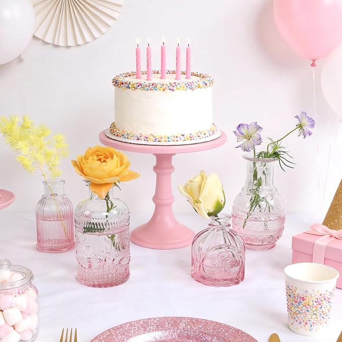 Pink Ombré Glass Bud Vase Set of 12, Vintage Embossed Mini Flower Vases for Centerpieces, Wedding, Bridal Shower, Baby Shower, Birthday Party, Decorative Small Glass Bottles for Home Decor