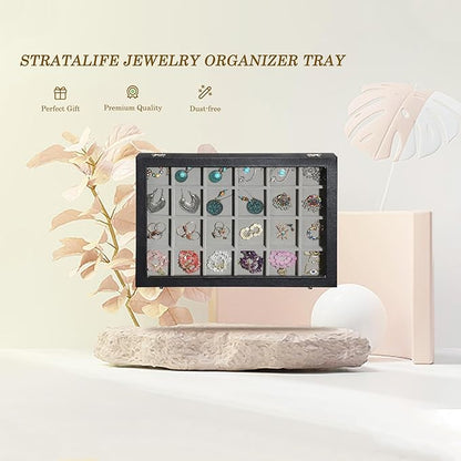 Stratalife Earring Organizer Velvet Jewelry Organizer Box 24 Grid Earring Tray Jewelry Display Jewelry Storage Jewelry Trays For Drawers Jewelry Display Case With Clasp (Gray Black)