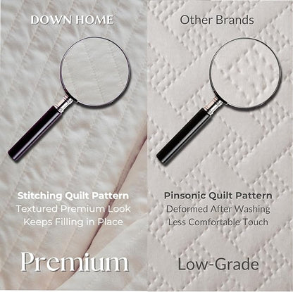 DOWN HOME King Quilt Bedding Set with Shams, Vintage Washed Soft Quilted Blanket Thin Comforter Lightweight Bedspread Coverlet Bed Cover, Brushed Microfiber Stripe Stitching, Linen White, 104"x90"