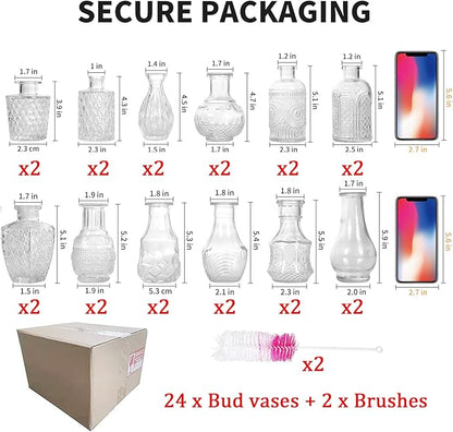 Glass Bud Vase Set of 24 Bud Vases in Bulk with 2 Brushes, Glass Vases for Centerpieces Cute, Vintage Wedding Decor Clear Bulk Mini Vase for Rustic Wedding Decorations, Home Table Flower Decor