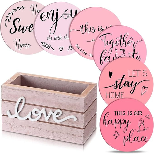 Queekay Coasters Set of 6 House Warming Gifts New Home Wooden Farmhouse Drink Coasters with Holder 4'' Funny Decoration for Kitchen Family Coffee Bar Tabletop Protection(Pink)