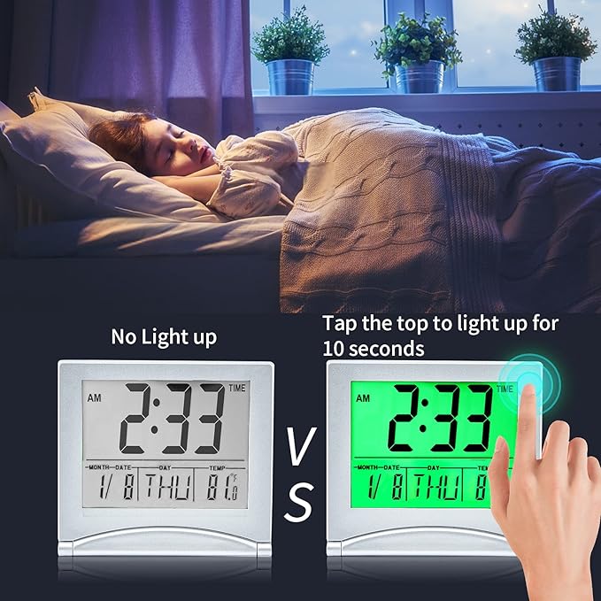Small Digital Travel Alarm Clock Battery Operated, Portable LCD Large Display Alarm Clock with Backlight, Temperature Desk Clock -Silver(Green Light)
